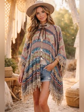 Tasha Polizzi Multicolor Aztec Print Poncho With Leather Collar Buckle